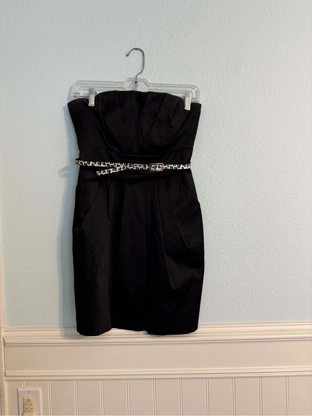 City Studio Black Strapless Dress with pockets and Animal-Print belt